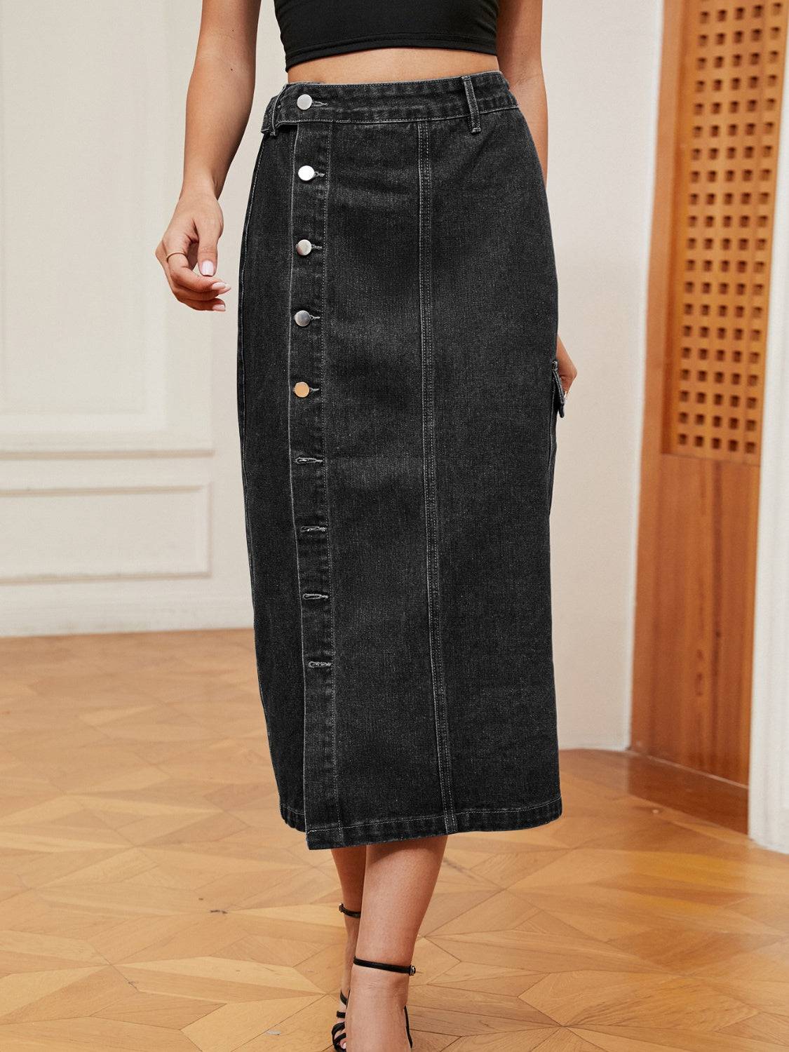 Button Down Midi Denim Skirt - Siennasass