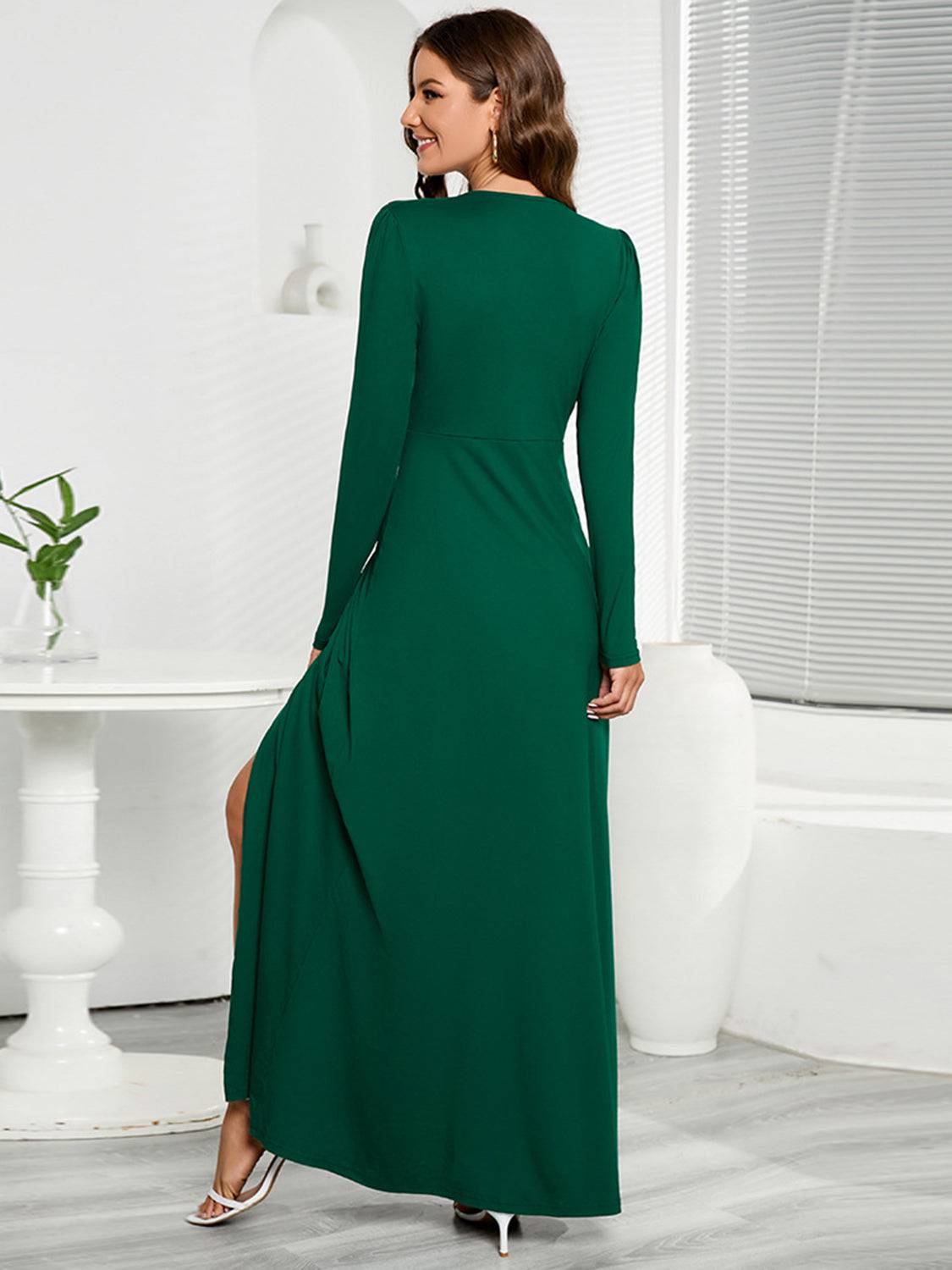 V-Neck Long Sleeve Split Dress - Siennasass