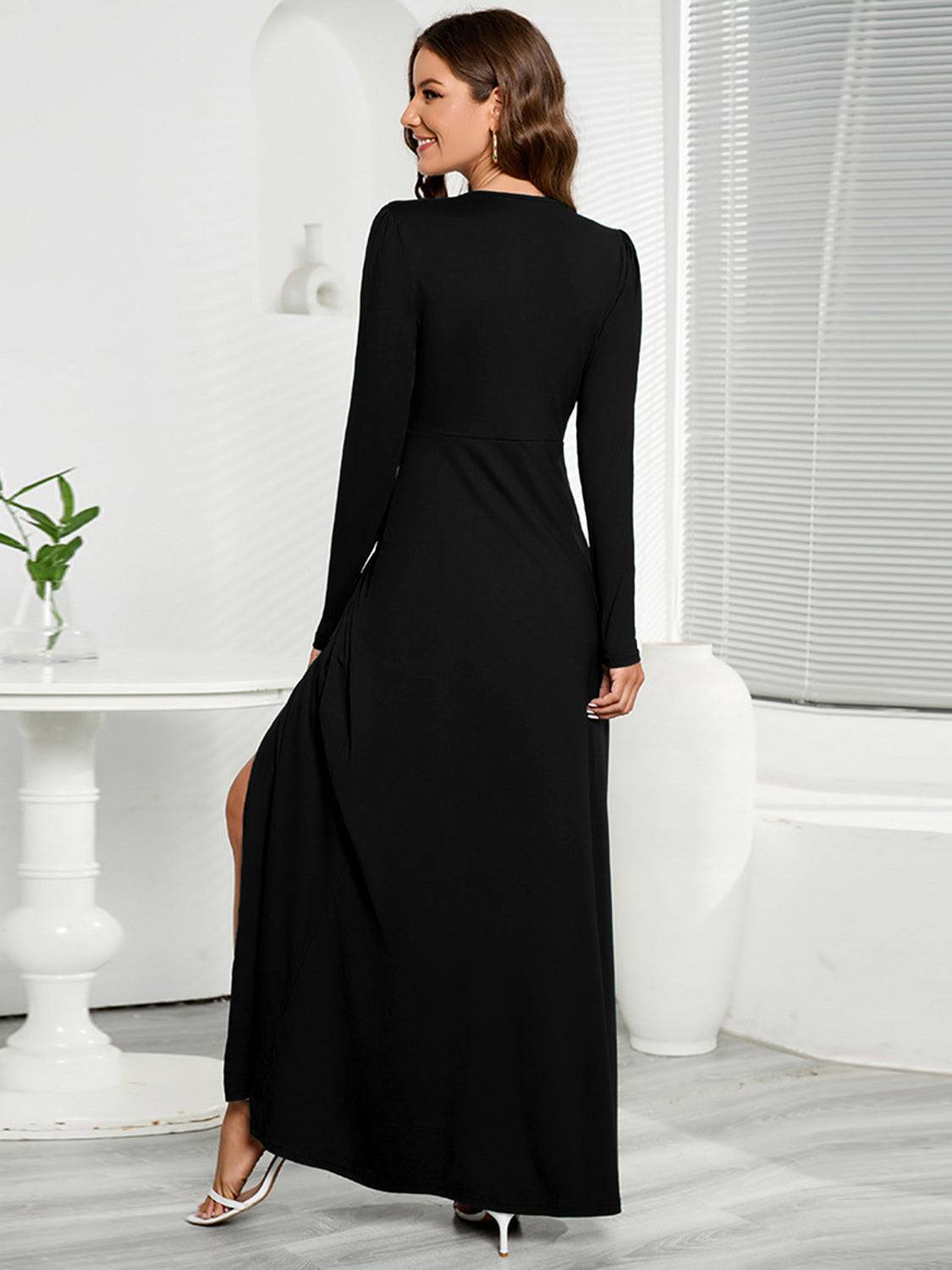 V-Neck Long Sleeve Split Dress - Siennasass