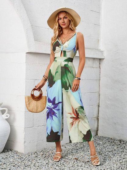 Cutout Printed Wide Strap Jumpsuit - Siennasass