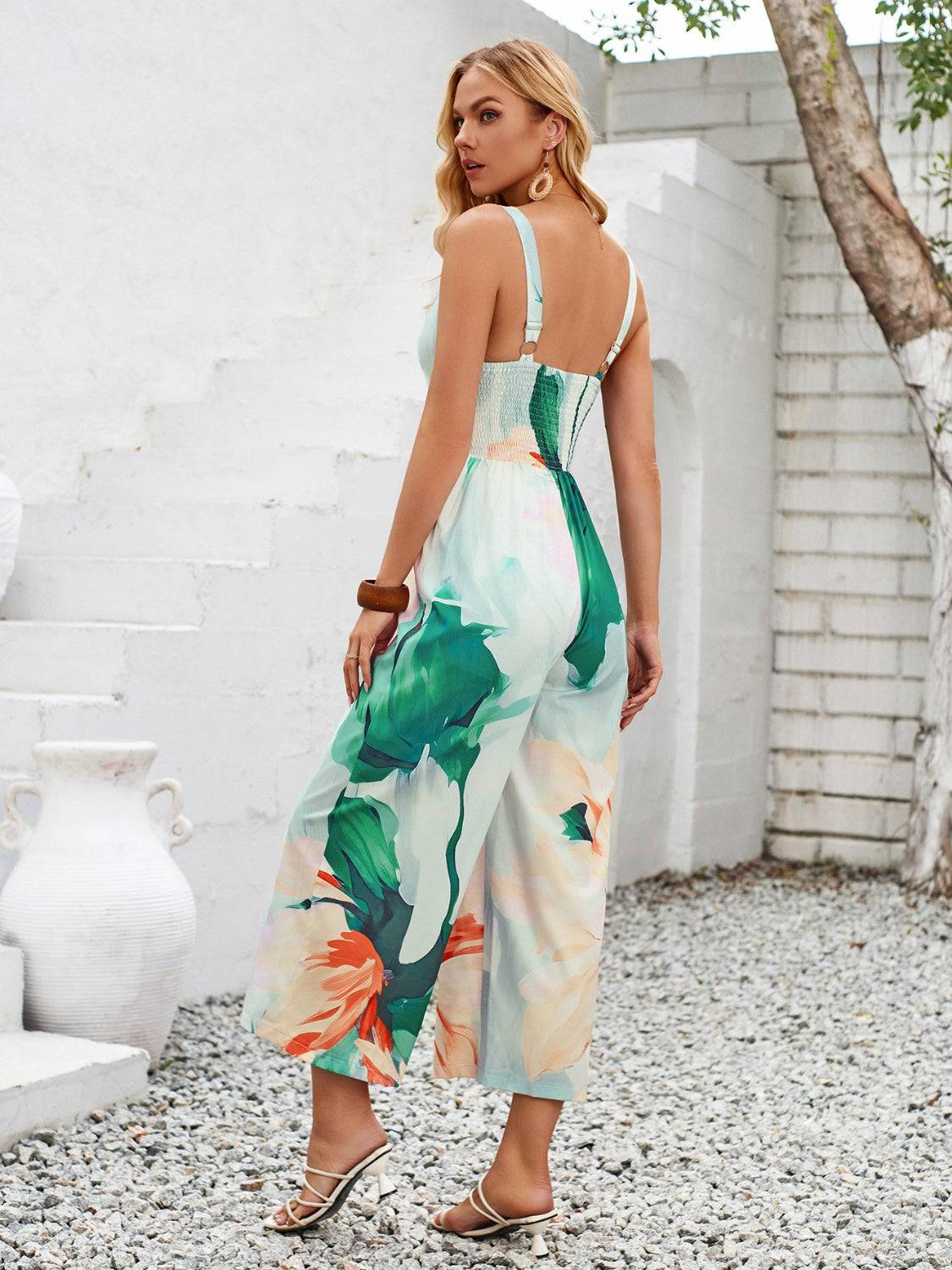 Cutout Printed Wide Strap Jumpsuit - Siennasass