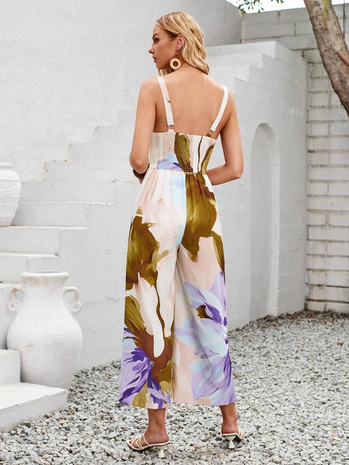 Cutout Printed Wide Strap Jumpsuit - Siennasass
