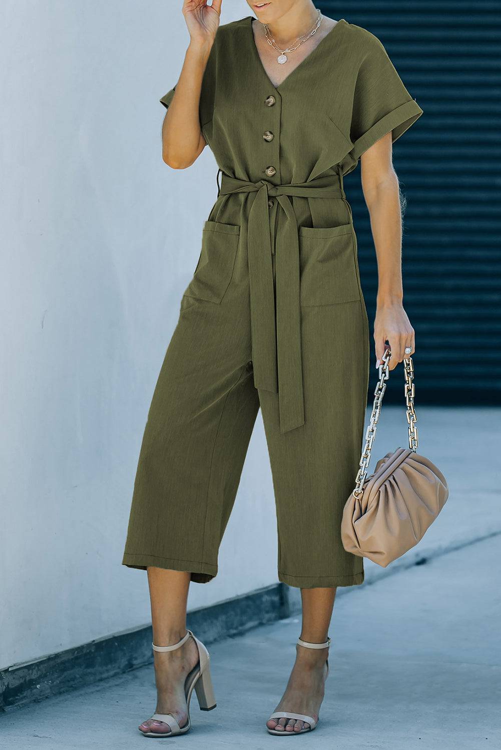 Tie-Waist Buttoned Cropped Jumpsuit - Siennasass