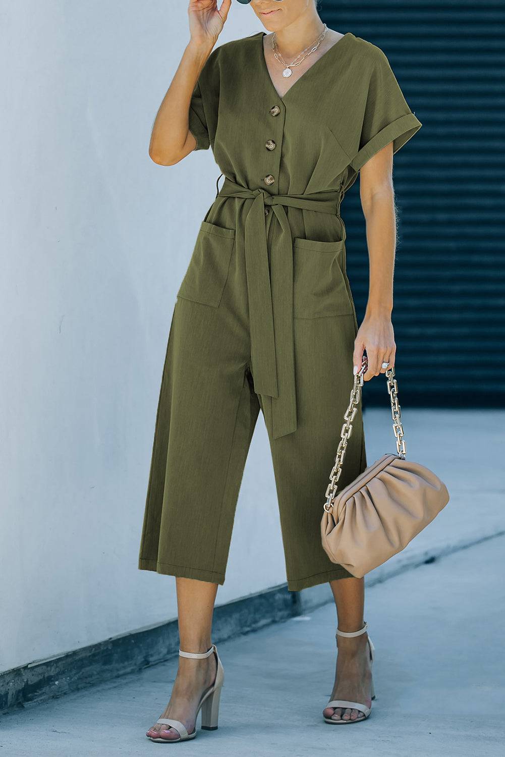Tie-Waist Buttoned Cropped Jumpsuit - Siennasass