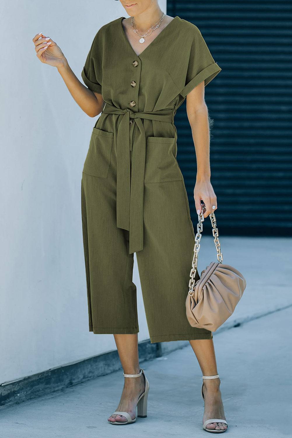 Tie-Waist Buttoned Cropped Jumpsuit - Siennasass