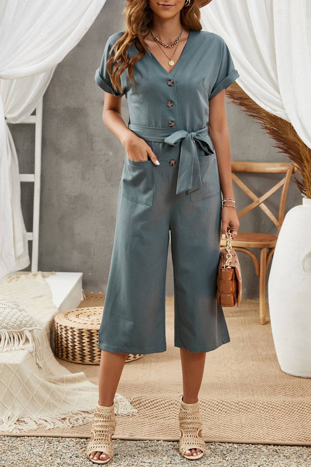 Tie-Waist Buttoned Cropped Jumpsuit - Siennasass