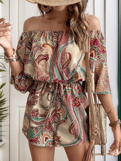 Printed Off Shoulder Half Sleeve Romper - Siennasass