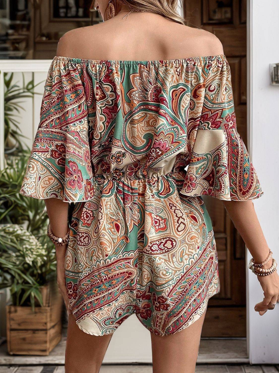 Printed Off Shoulder Half Sleeve Romper - Siennasass