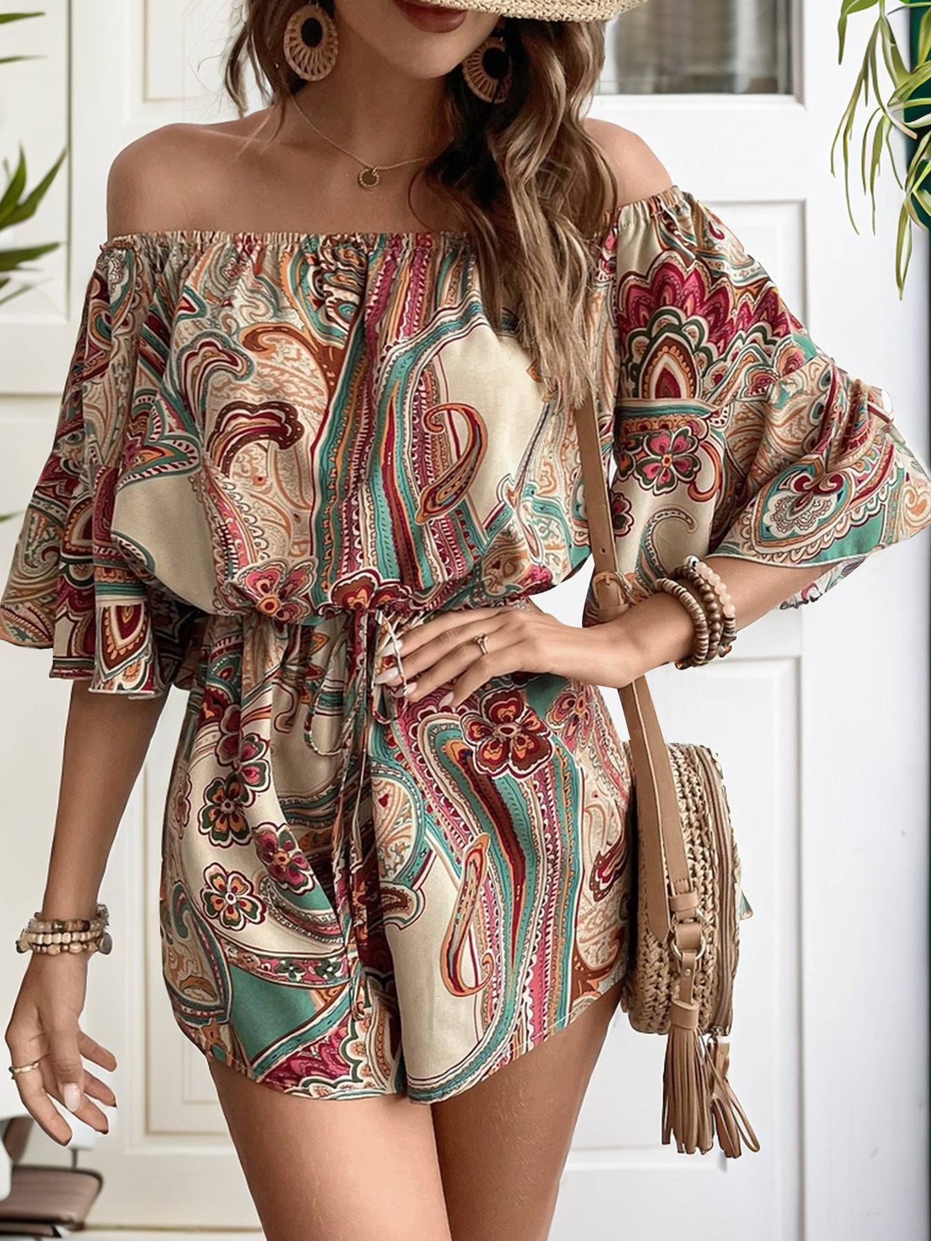 Printed Off Shoulder Half Sleeve Romper - Siennasass