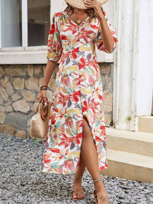 Printed V-Neck Half Sleeve Midi Dress - Siennasass