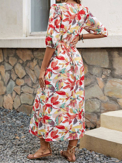 Printed V-Neck Half Sleeve Midi Dress - Siennasass