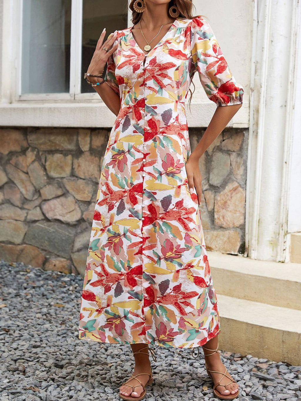 Printed V-Neck Half Sleeve Midi Dress - Siennasass