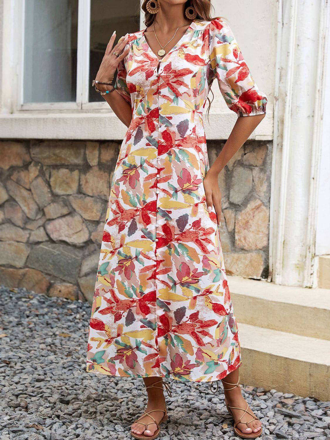 Printed V-Neck Half Sleeve Midi Dress - Siennasass