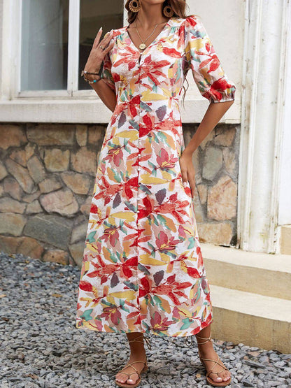 Printed V-Neck Half Sleeve Midi Dress - Siennasass