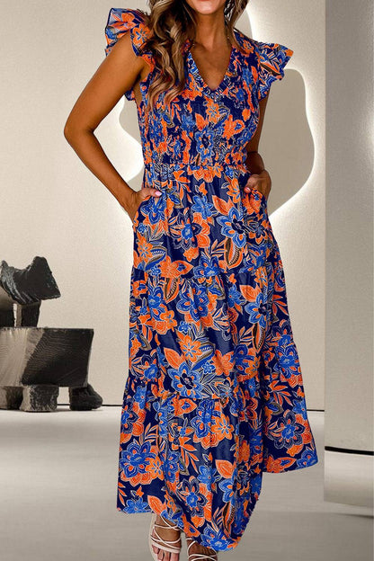 Ruffled Printed Cap Sleeve Dress - Siennasass