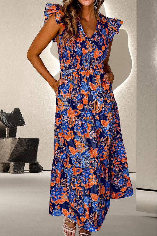 Ruffled Printed Cap Sleeve Dress - Siennasass