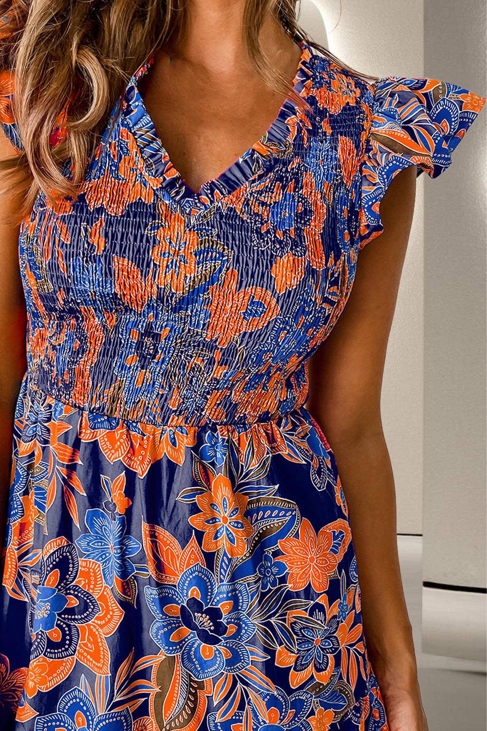 Ruffled Printed Cap Sleeve Dress - Siennasass
