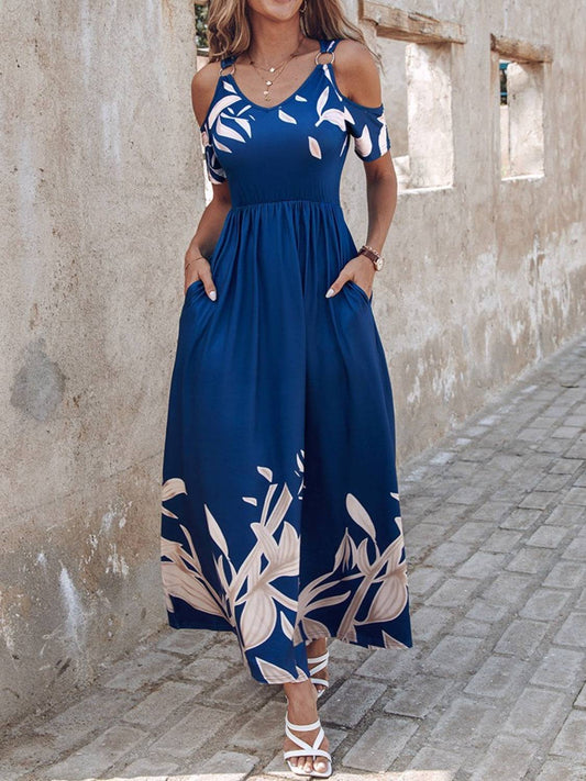 Printed Cold Shoulder Short Sleeve Maxi Dress - Siennasass