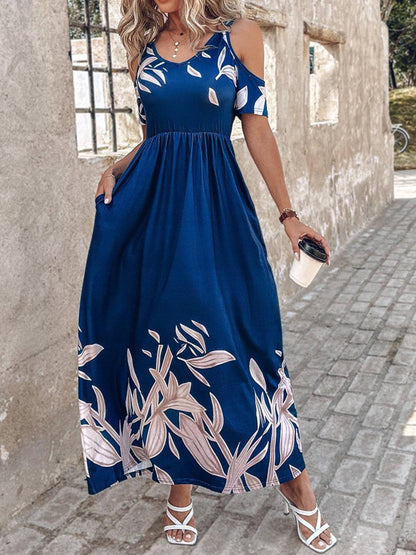 Printed Cold Shoulder Short Sleeve Maxi Dress - Siennasass