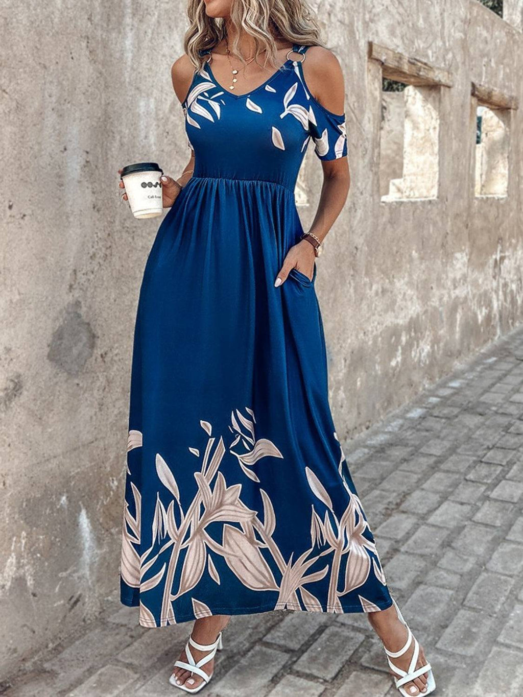 Printed Cold Shoulder Short Sleeve Maxi Dress - Siennasass