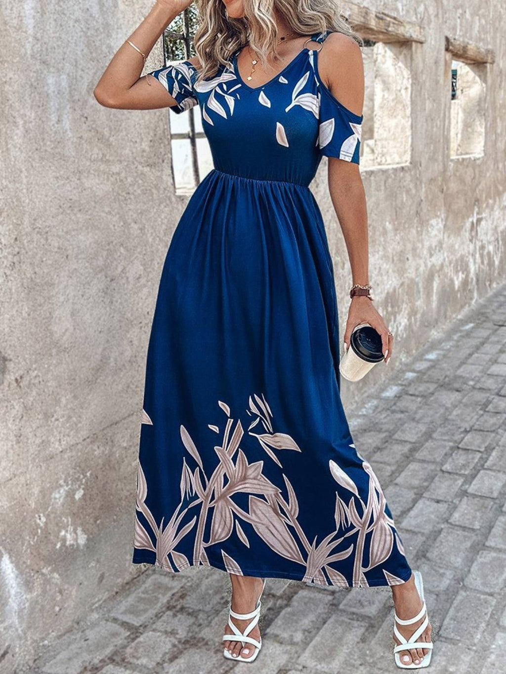 Printed Cold Shoulder Short Sleeve Maxi Dress - Siennasass