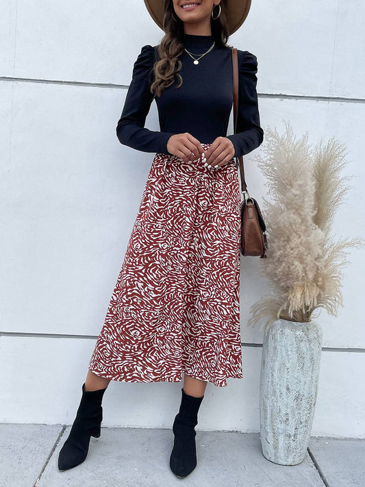 Printed Mock Neck Puff Sleeve Midi Dress - Siennasass