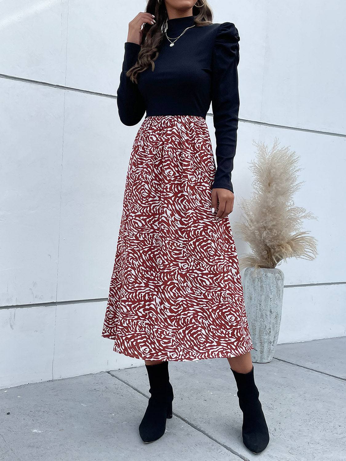 Printed Mock Neck Puff Sleeve Midi Dress - Siennasass