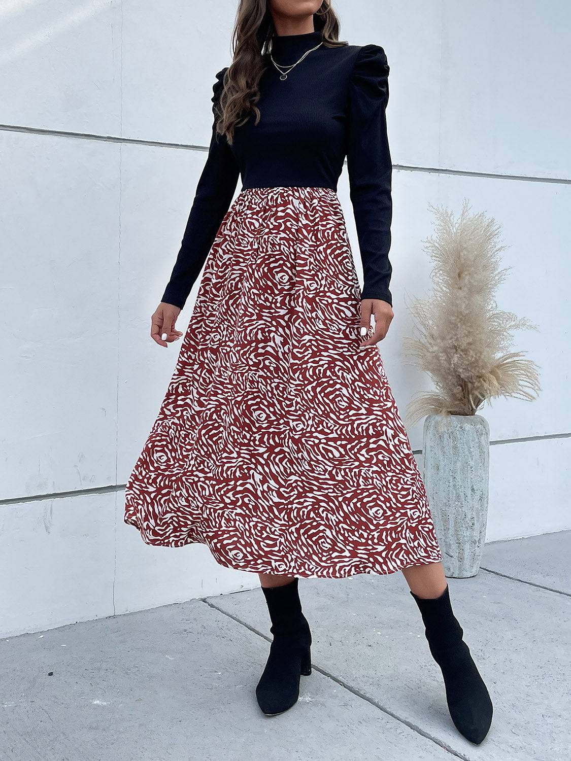 Printed Mock Neck Puff Sleeve Midi Dress - Siennasass