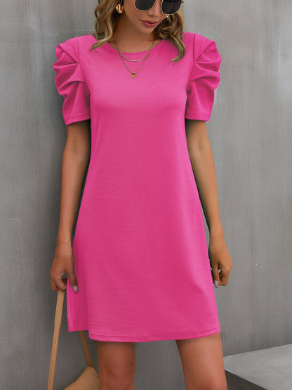 Round Neck Puff Sleeve Mini Dress - Siennasass
