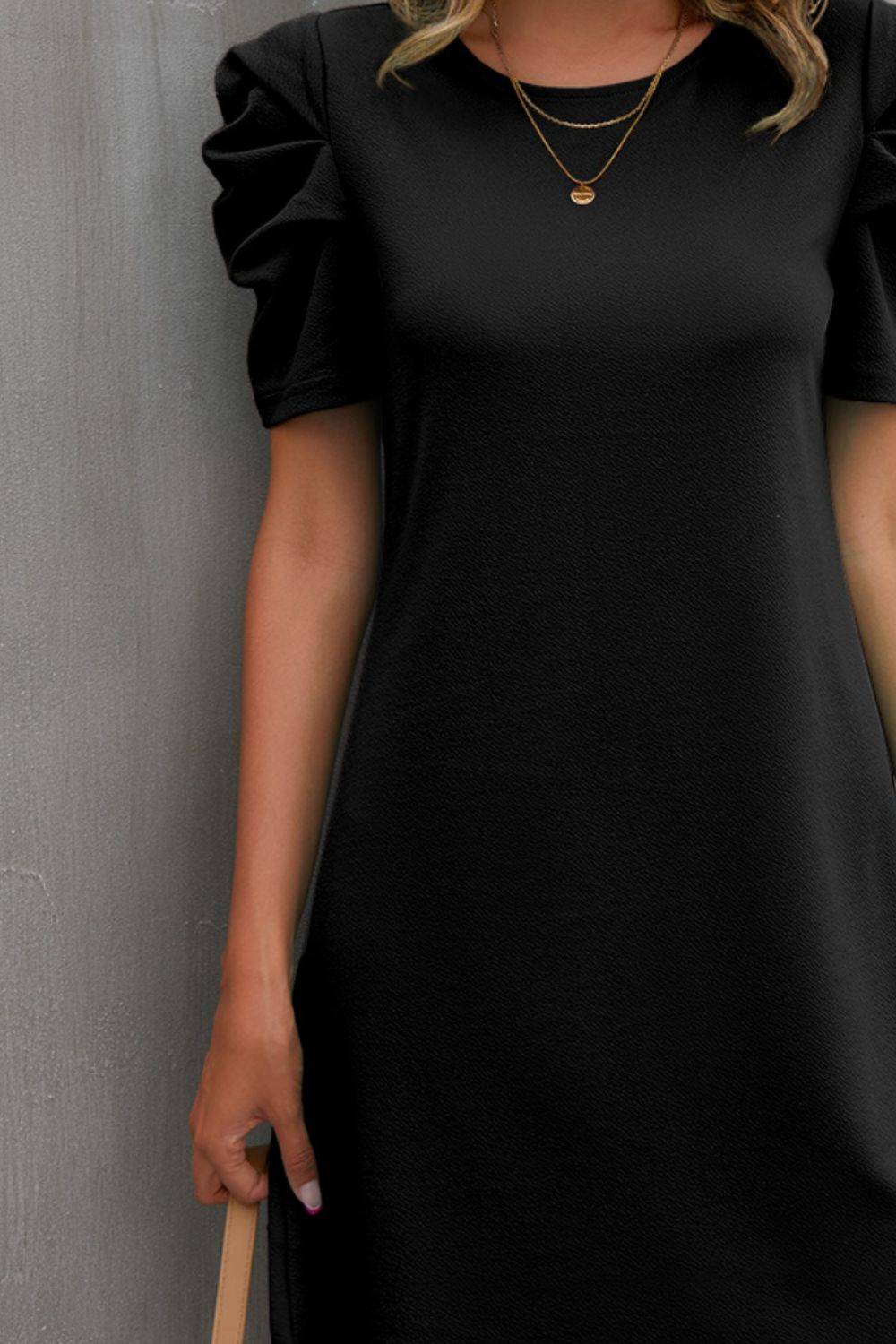 Round Neck Puff Sleeve Mini Dress - Siennasass