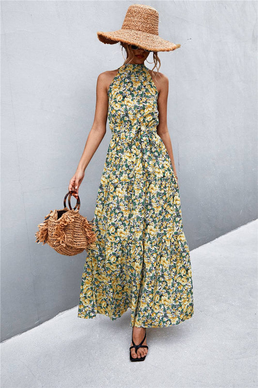 Printed Sleeveless Tie Waist Maxi Dress - Siennasass