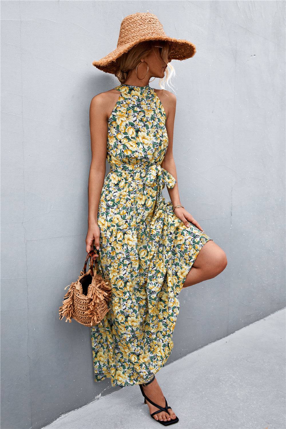 Printed Sleeveless Tie Waist Maxi Dress - Siennasass
