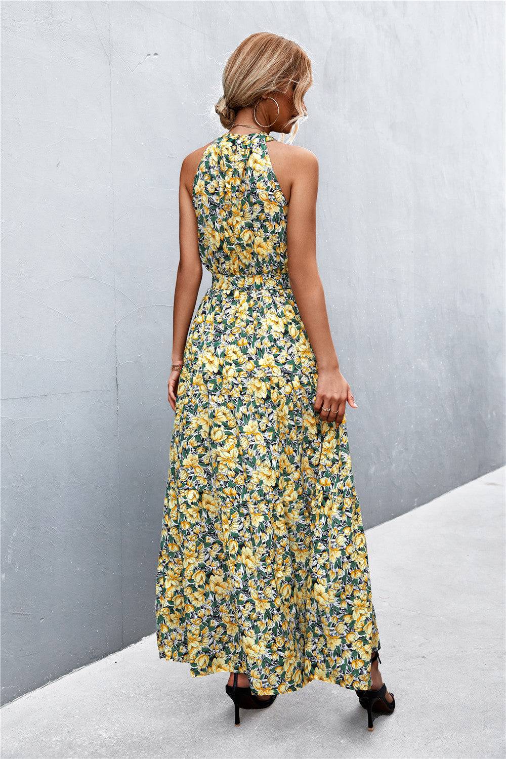 Printed Sleeveless Tie Waist Maxi Dress - Siennasass