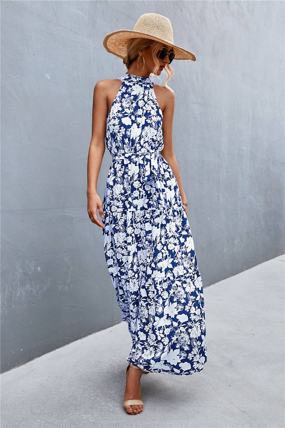Printed Sleeveless Tie Waist Maxi Dress - Siennasass