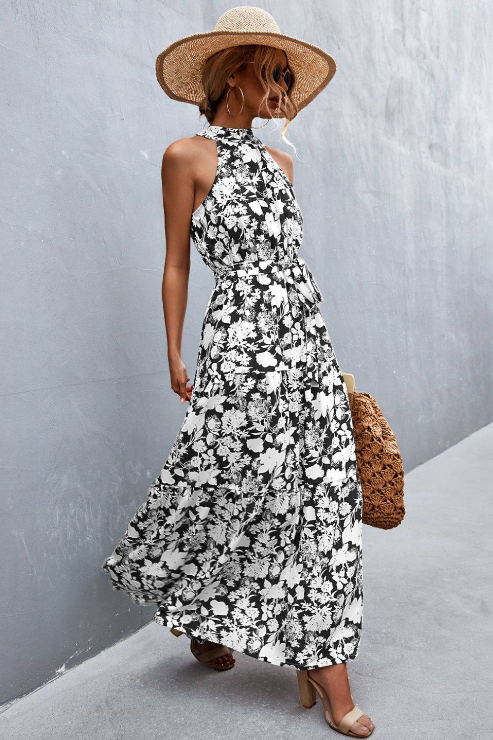 Printed Sleeveless Tie Waist Maxi Dress - Siennasass
