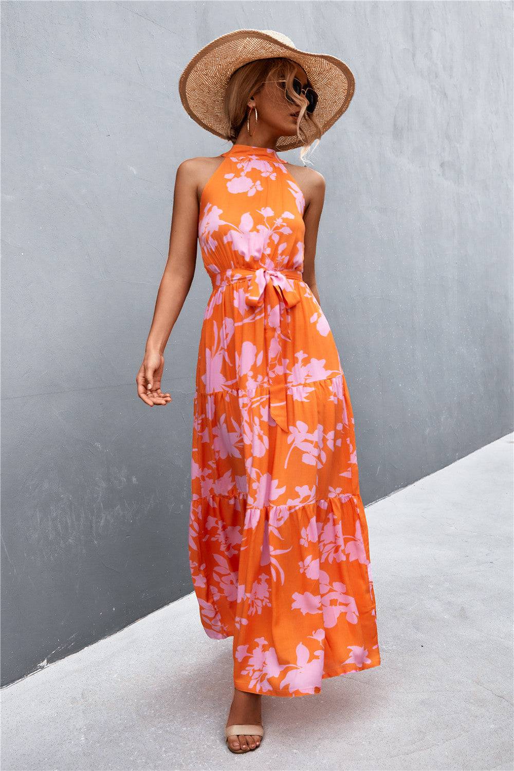Printed Sleeveless Tie Waist Maxi Dress - Siennasass