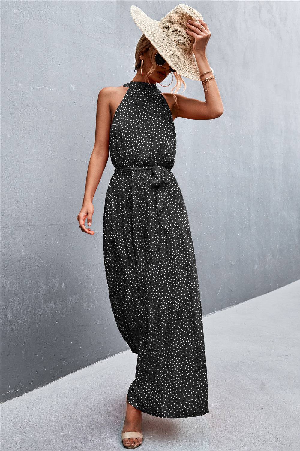 Printed Sleeveless Tie Waist Maxi Dress - Siennasass