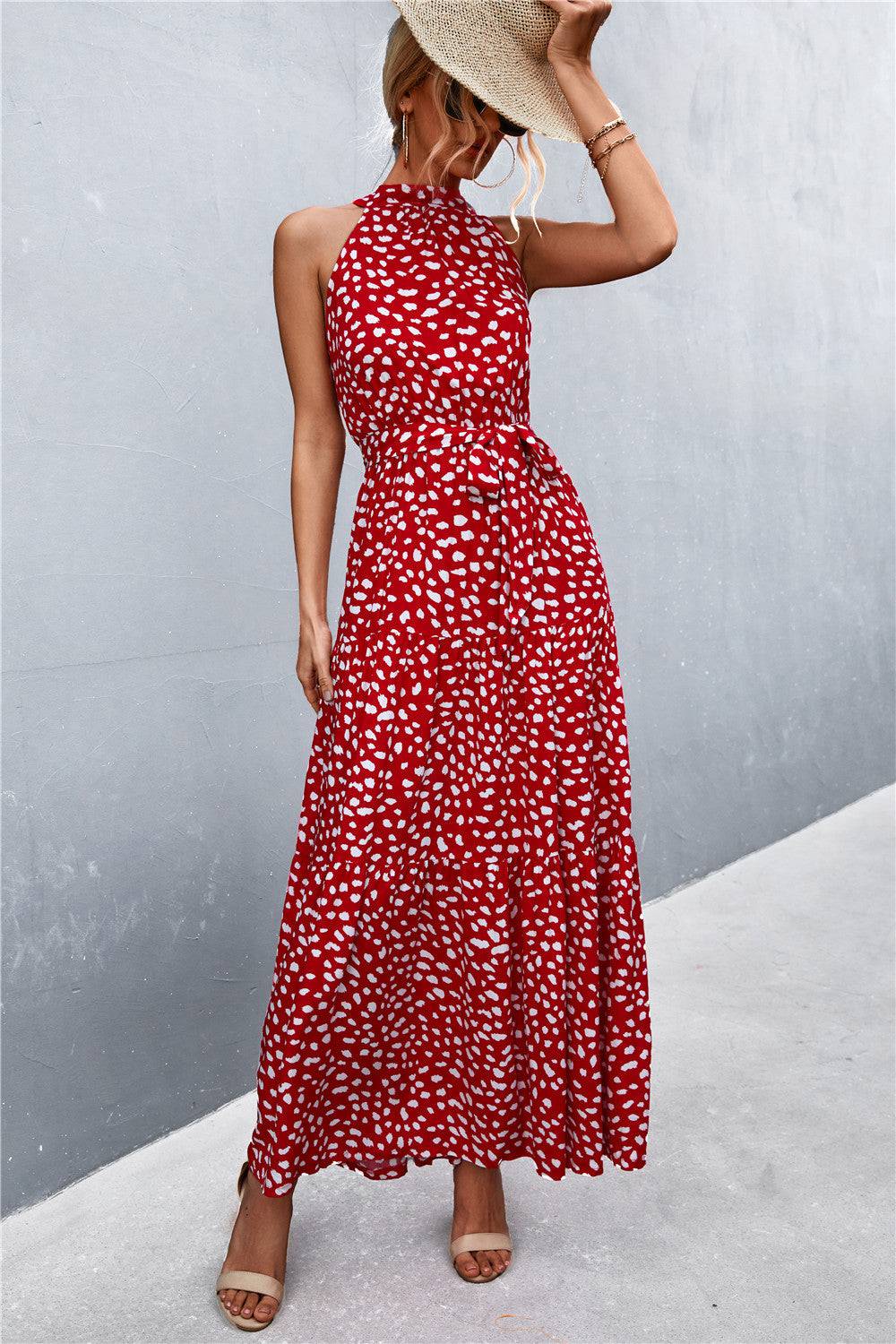 Printed Sleeveless Tie Waist Maxi Dress - Siennasass