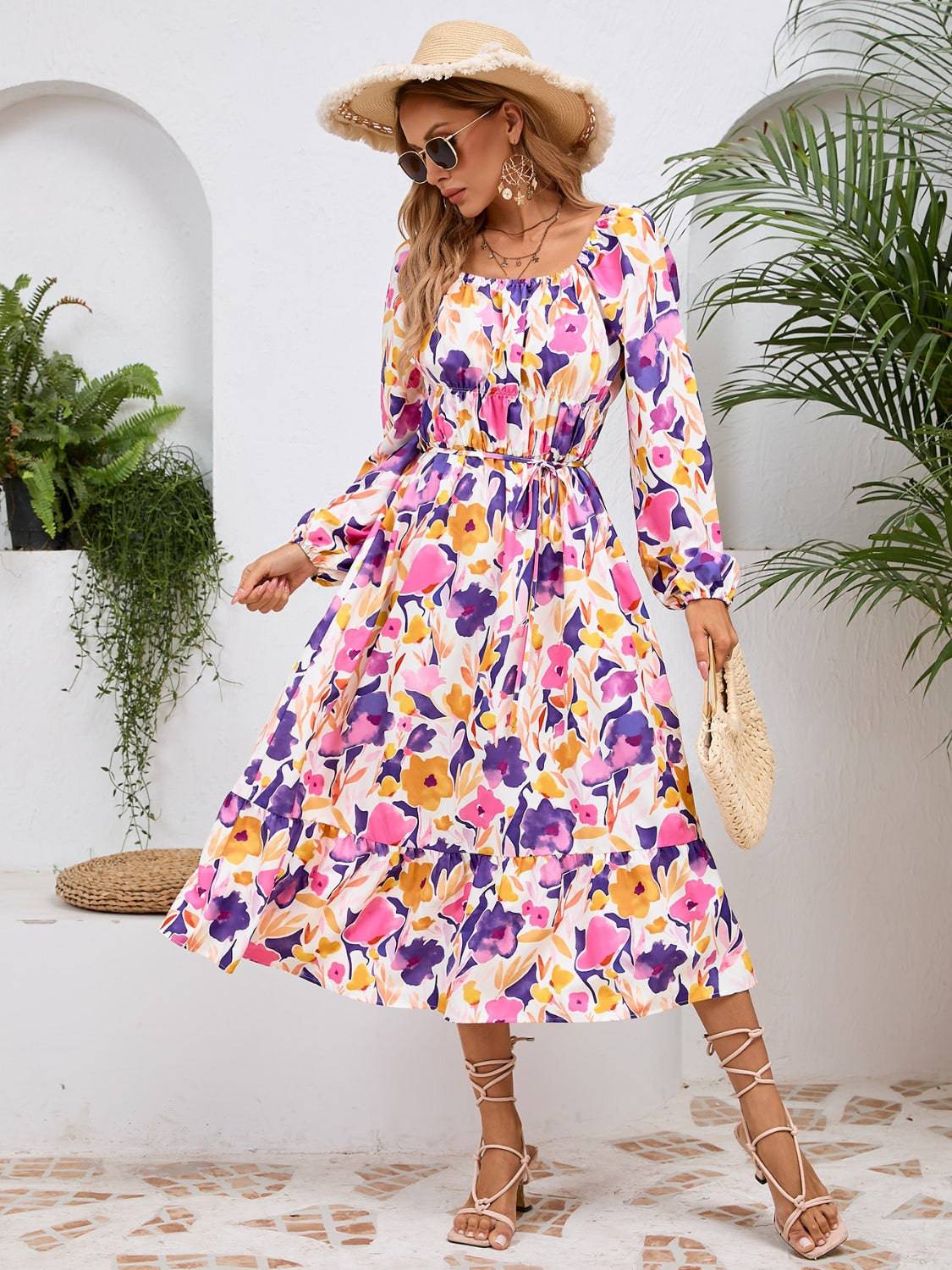 Printed Long Sleeve Midi Dress - Siennasass