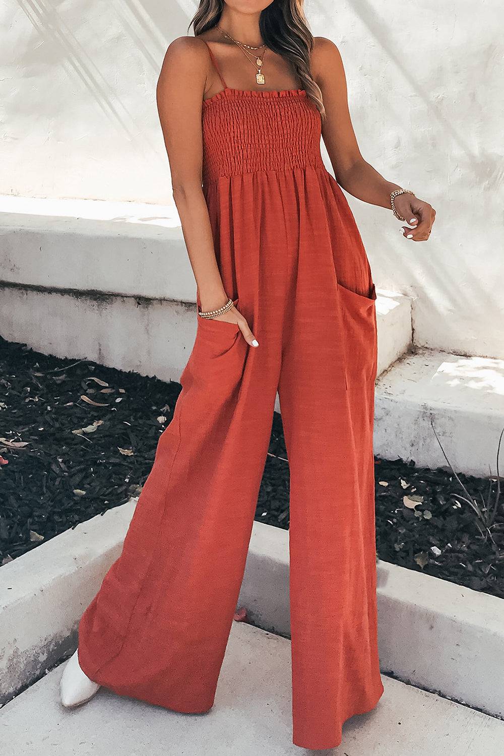 Smocked Spaghetti Strap Wide Leg Jumpsuit - Siennasass