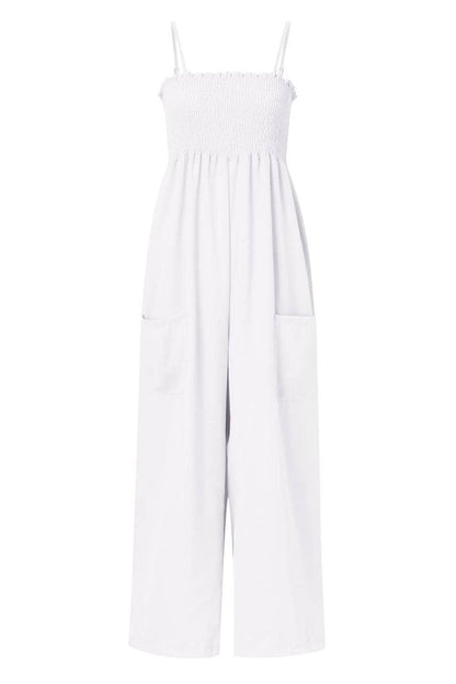 Smocked Spaghetti Strap Wide Leg Jumpsuit - Siennasass