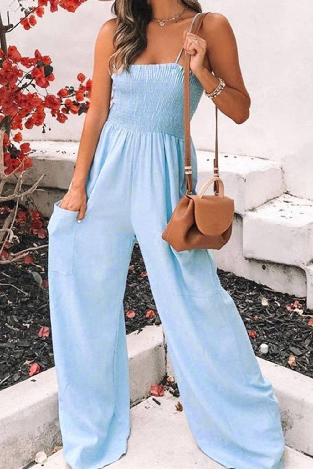 Smocked Spaghetti Strap Wide Leg Jumpsuit - Siennasass