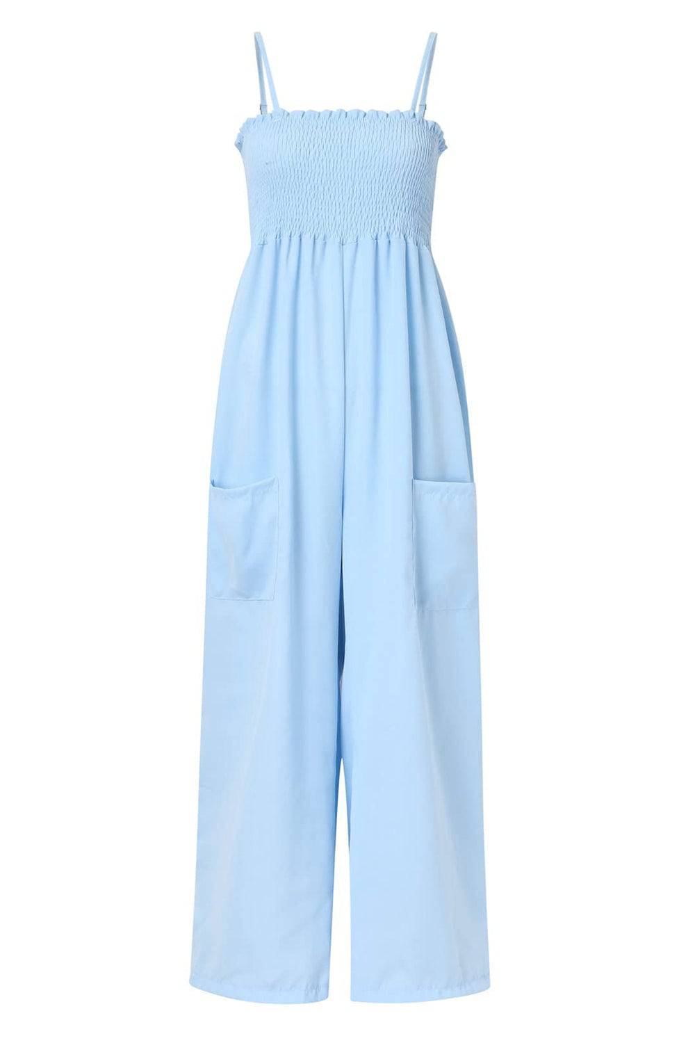Smocked Spaghetti Strap Wide Leg Jumpsuit - Siennasass