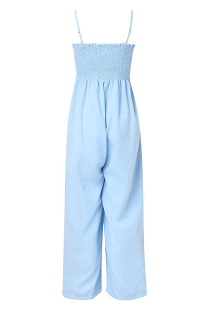 Smocked Spaghetti Strap Wide Leg Jumpsuit - Siennasass
