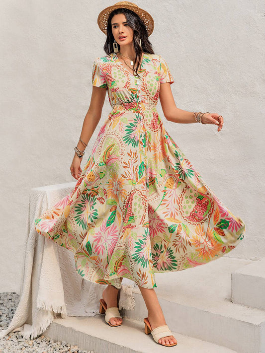 Printed V-Neck Short Sleeve Midi Dress - Siennasass