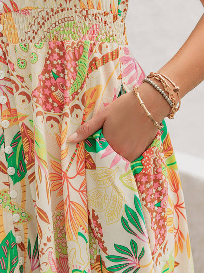 Printed V-Neck Short Sleeve Midi Dress - Siennasass