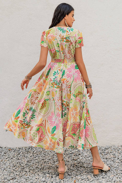 Printed V-Neck Short Sleeve Midi Dress - Siennasass