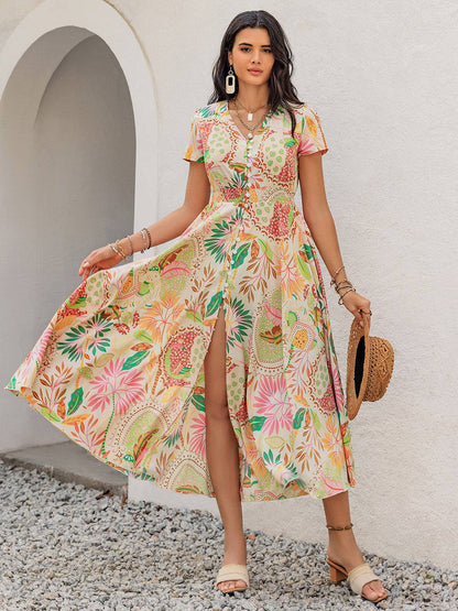 Printed V-Neck Short Sleeve Midi Dress - Siennasass