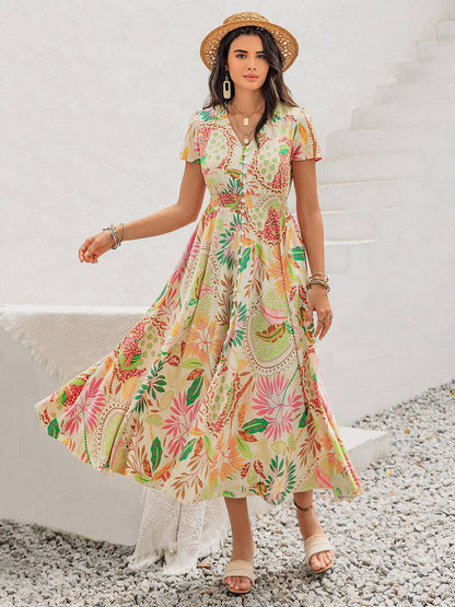 Printed V-Neck Short Sleeve Midi Dress - Siennasass