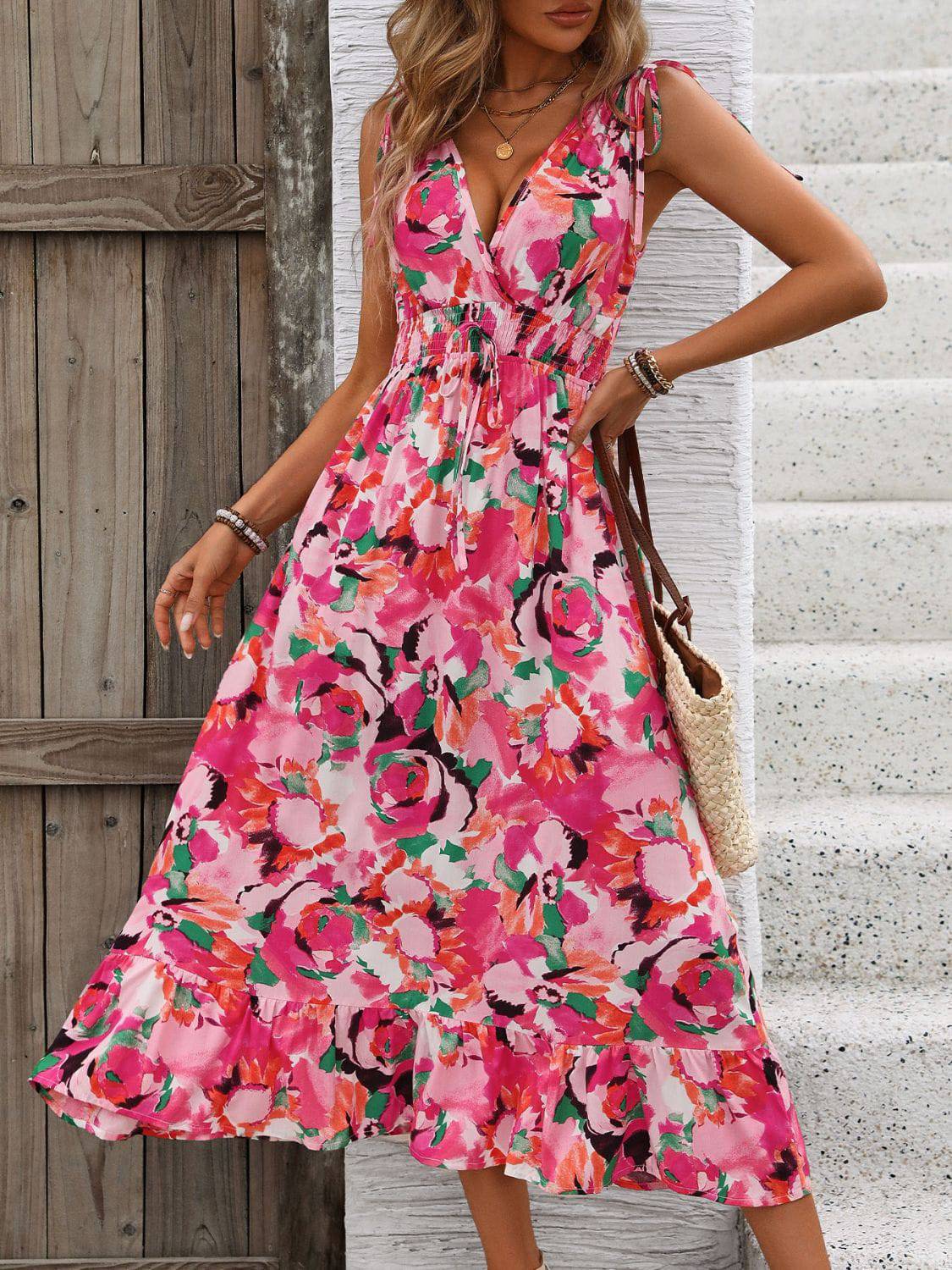 Ruffled Smocked Printed Sleeveless Dress - Siennasass